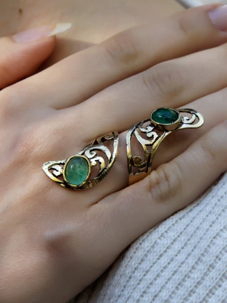 Doğal Taş İkili Oval Yeşil Akik Doğal Taşlı Kadın Ayarlanabilir Antik Yüzük euy49ya - Resim 2