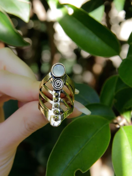 Doğal Taş Yuvarlak Apatit Doğal Taşlı Antik Ayarlanabilir Kadın Yüzük euy46ap - Resim 3