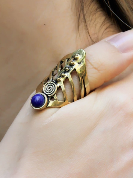 Doğal Taş Yuvarlak Lapis Doğal Taşlı Antik Ayarlanabilir Kadın Yüzük euy46l - Resim 2