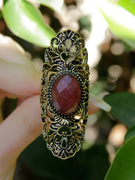 Doğal Taş Pembe Kuvars Doğal Taşlı Antik Ayarlanabilir Kadın Yüzük euy45pk - Resim 3