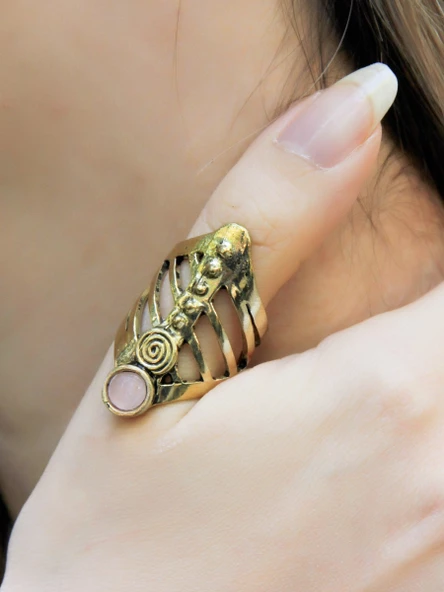 Doğal Taş Yuvarlak Pembe Kuvars Doğal Taşlı Antik Ayarlanabilir Kadın Yüzük euy46pk - Resim 2