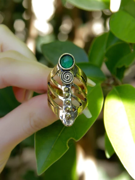 Doğal Taş Yuvarlak Yeşil Akik Doğal Taşlı Antik Ayarlanabilir Kadın Yüzük euy46ya - Resim 3