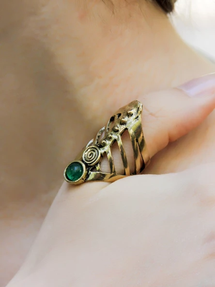 Doğal Taş Yuvarlak Yeşil Akik Doğal Taşlı Antik Ayarlanabilir Kadın Yüzük euy46ya ürün görseli