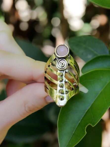 Doğal Taş Yuvarlak Pembe Kuvars Doğal Taşlı Antik Ayarlanabilir Kadın Yüzük euy46pk - Resim 3