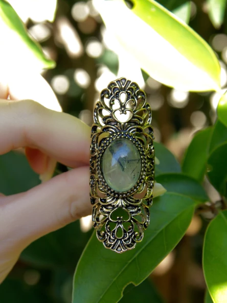 Doğal Taş Prehnit Doğal Taşlı Antik Ayarlanabilir Kadın Yüzük euy45pr - Resim 3