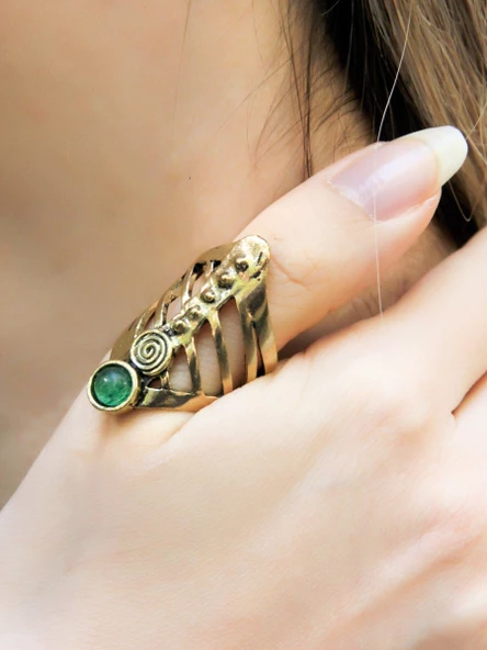 Doğal Taş Yuvarlak Yeşil Akik Doğal Taşlı Antik Ayarlanabilir Kadın Yüzük euy46ya - Resim 2