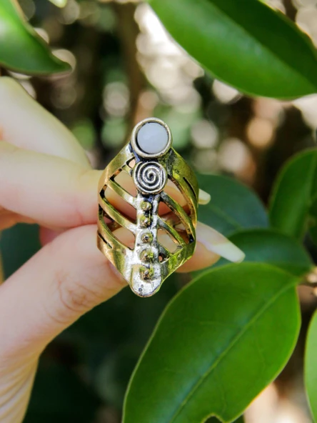 Doğal Taş Yuvarlak Aytaşı Doğal Taşlı Antik Ayarlanabilir Kadın Yüzük euy46ap - Resim 3