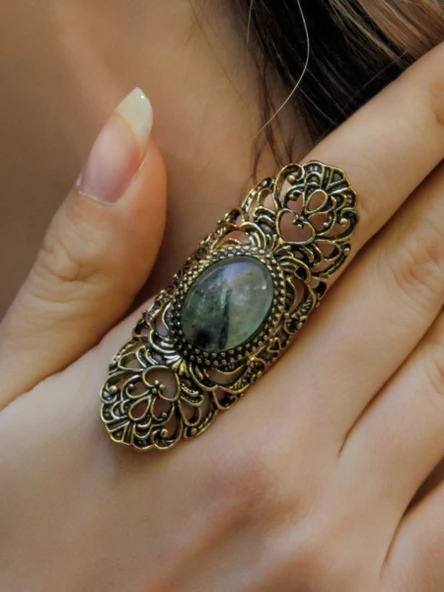 Doğal Taş Prehnit Doğal Taşlı Antik Ayarlanabilir Kadın Yüzük euy45pr ürün görseli