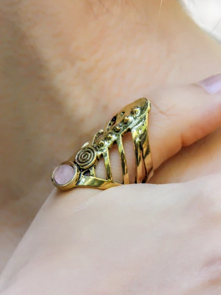 Doğal Taş Yuvarlak Pembe Kuvars Doğal Taşlı Antik Ayarlanabilir Kadın Yüzük euy46pk ürün görseli