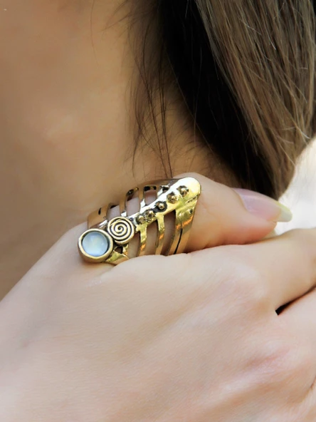 Doğal Taş Yuvarlak Apatit Doğal Taşlı Antik Ayarlanabilir Kadın Yüzük euy46ap - Resim 2