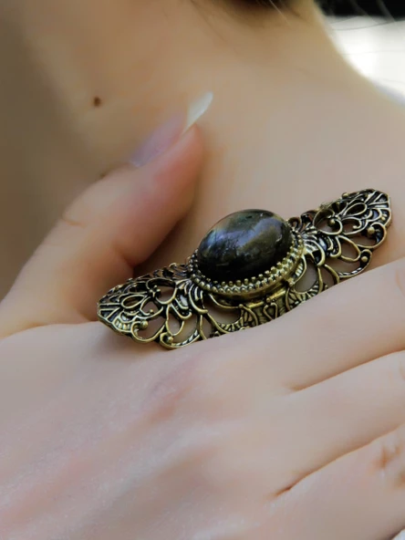 Doğal Taş Labradorit Doğal Taşlı Antik Ayarlanabilir Kadın Yüzük euy45lbt - Resim 2