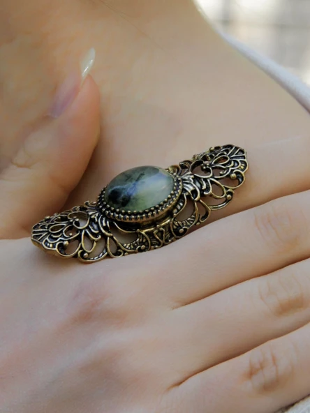 Doğal Taş Prehnit Doğal Taşlı Antik Ayarlanabilir Kadın Yüzük euy45pr - Resim 2