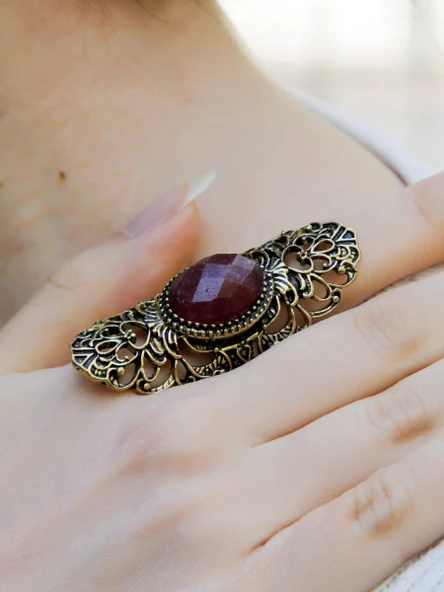 Doğal Taş Pembe Kuvars Doğal Taşlı Antik Ayarlanabilir Kadın Yüzük euy45pk - Resim 2