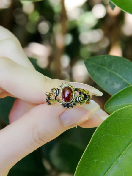Doğal Taş Garnet (Lal) Doğal Taşlı Antik İşlemeli Ayarlanabilir Kadın Yüzük euy36g - Resim 3