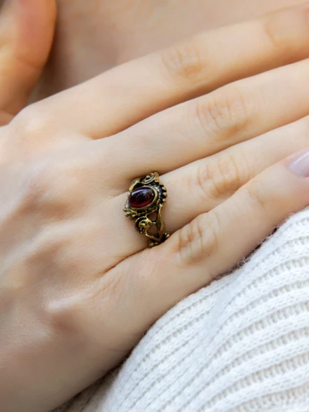 Doğal Taş Garnet (Lal) Doğal Taşlı Antik İşlemeli Ayarlanabilir Kadın Yüzük euy36g ürün görseli