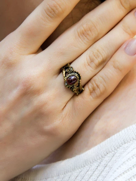 Doğal Taş Garnet (Lal) Doğal Taşlı Antik İşlemeli Ayarlanabilir Kadın Yüzük euy36g - Resim 2