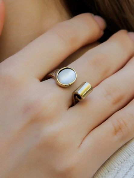 Doğal Taş Sedef Doğal Taşlı Antik Ayarlanabilir Kadın Yüzük euy39sd - Resim 2