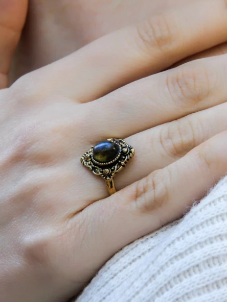 Doğal Taş Labradorit Doğal Taşlı Antik Ayarlanabilir Kadın Yüzük euy20lbt - Resim 2