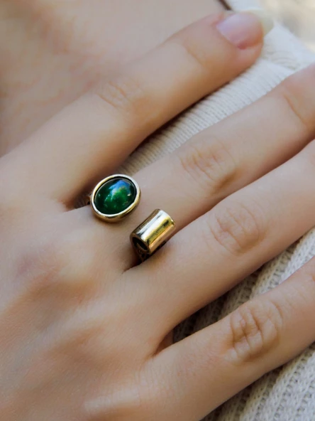 Doğal Taş Yeşil Akik Doğal Taşlı Antik Ayarlanabilir Kadın Yüzük euy39ya - Resim 2