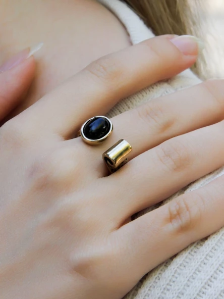 Doğal Taş Oniks Doğal Taşlı Antik Ayarlanabilir Kadın Yüzük euy39o - Resim 2