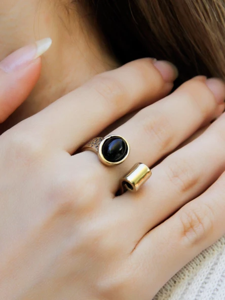 Doğal Taş Oniks Doğal Taşlı Antik Ayarlanabilir Kadın Yüzük euy39o ürün görseli