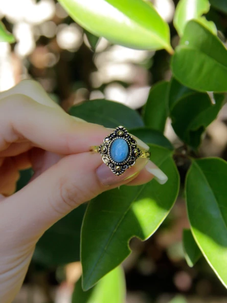 Doğal Taş Apatit Doğal Taşlı Antik Ayarlanabilir Kadın Yüzük euy20ap - Resim 3