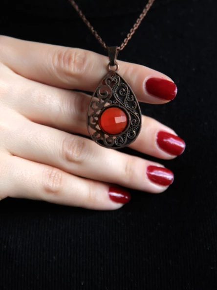 Doğal Taş Akik Doğal Taşlı Kadın Antik Modelli Kolye 40+5 cm Zincirli euk24ai ürün görseli