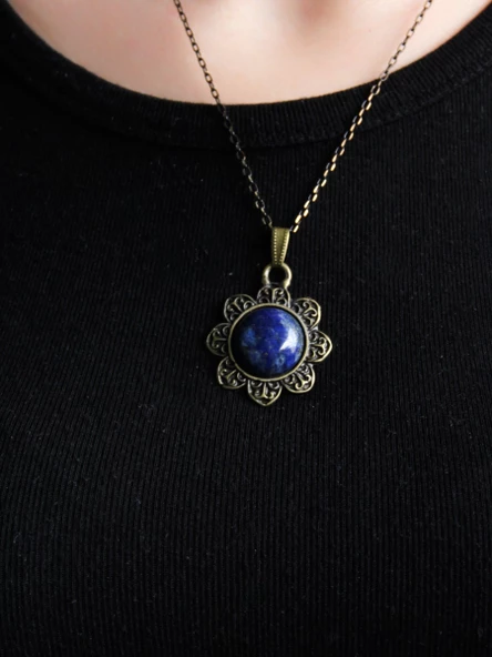 Doğal Taş Lapis Doğal Taşlı Desenli Otantik Kadın Kolye 45 Cm Zincirli euk17lps - 3
