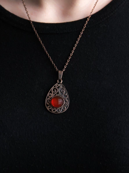 Doğal Taş Akik Doğal Taşlı Kadın Antik Modelli Kolye 40+5 cm Zincirli euk24ai - Resim 3