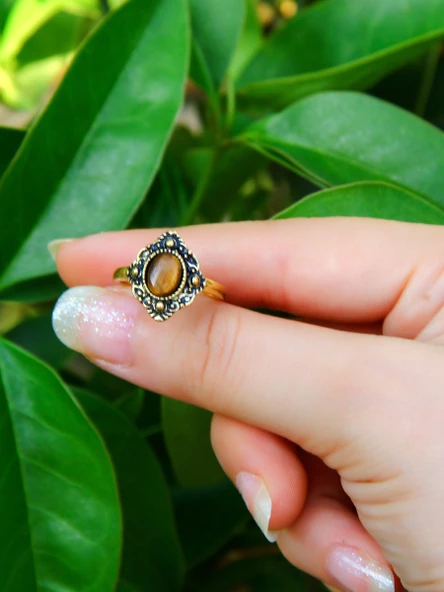 Doğal Taş Kaplangözü Doğal Taşlı Antik Ayarlanabilir Kadın Yüzük euy20kg - Resim 3