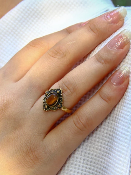 Doğal Taş Kaplangözü Doğal Taşlı Antik Ayarlanabilir Kadın Yüzük euy20kg - Resim 2