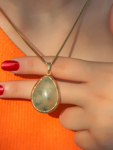 Doğal Taş Prehnit Doğal Taşlı Kadın Altın Kaplama Kolye 40cm Zincirli euk20p - Resim 3
