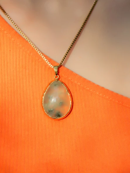 Doğal Taş Prehnit Doğal Taşlı Kadın Altın Kaplama Kolye 40cm Zincirli euk20p ürün görseli