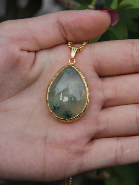 Doğal Taş Prehnit Doğal Taşlı Kadın Altın Kaplama Kolye 40cm Zincirli euk20p - Resim 4