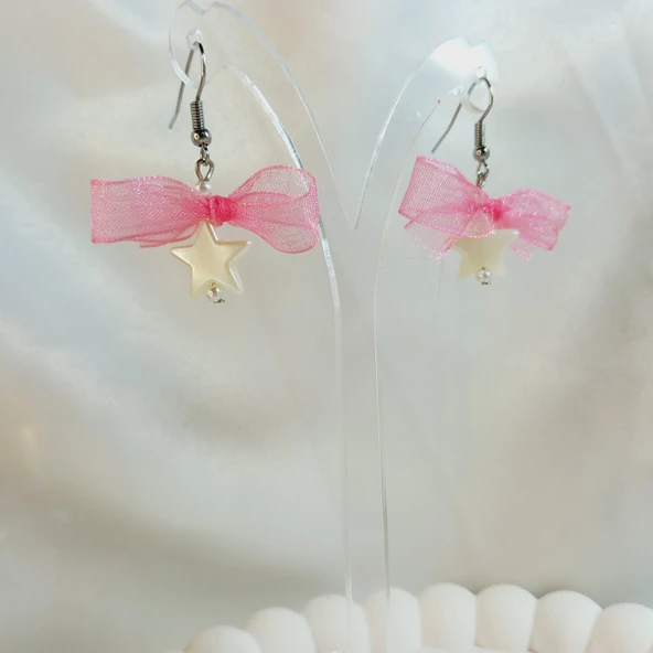 Pembe Fiyonk Kurdele Detaylı Aesthetic Soft Vibes Vintage Coquette Y2K Star Yıldız İnci Küpe - 3