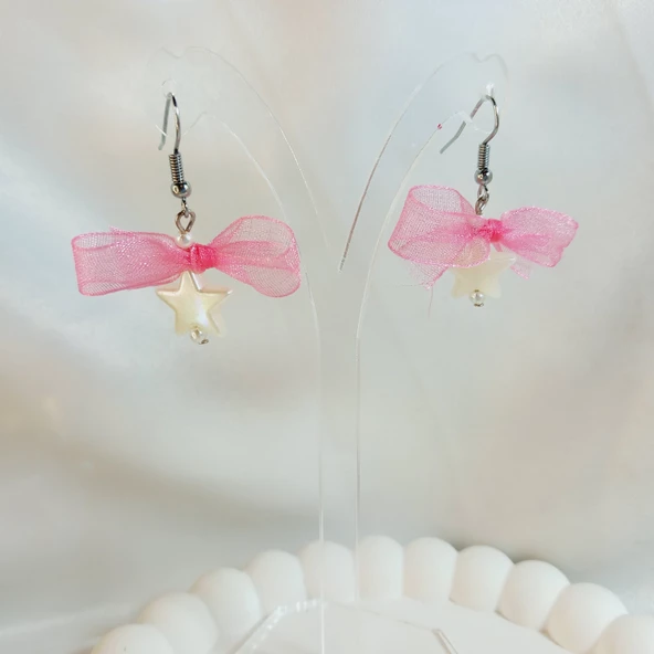 Pembe Fiyonk Kurdele Detaylı Aesthetic Soft Vibes Vintage Coquette Y2K Star Yıldız İnci Küpe - 4