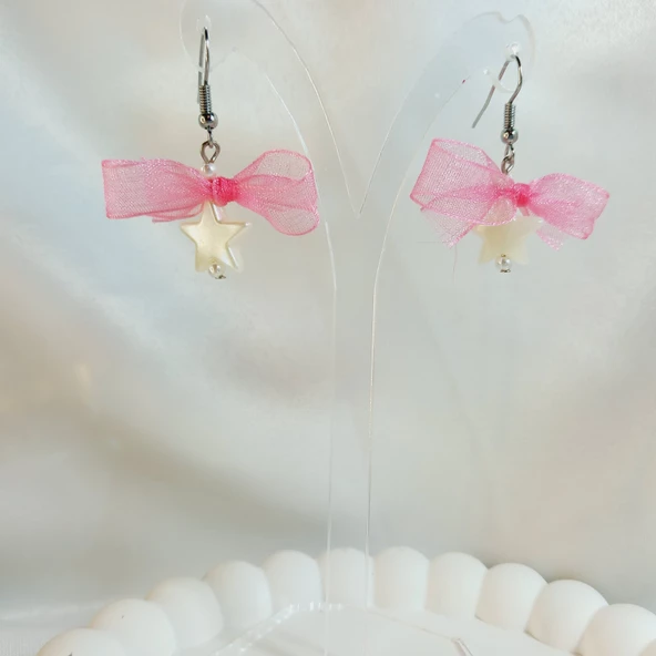 Pembe Fiyonk Kurdele Detaylı Aesthetic Soft Vibes Vintage Coquette Y2K Star Yıldız İnci Küpe - 2