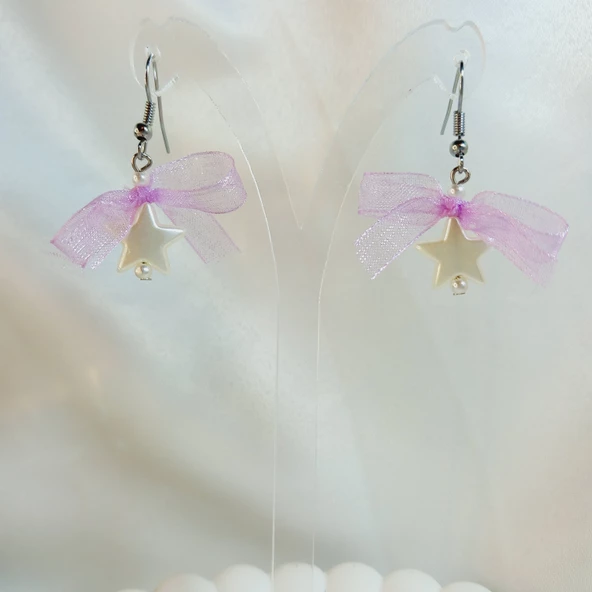 Mor Fiyonk Kurdele Detaylı Aesthetic Soft Vibes Vintage Coquette Y2K Star Yıldız İnci Küpe - 3