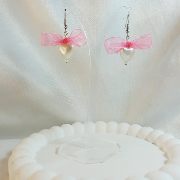 Pembe Fiyonk Kurdele Detaylı Aesthetic Soft Vibes Vintage Coquette Kalp İnci Küpe - 2