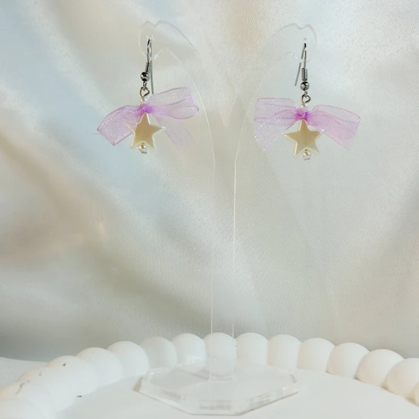 Mor Fiyonk Kurdele Detaylı Aesthetic Soft Vibes Vintage Coquette Y2K Star Yıldız İnci Küpe - 2