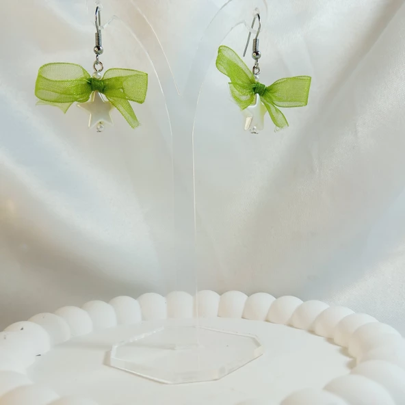 Yeşil Fiyonk Kurdele Detaylı Aesthetic Soft Vibes Vintage Coquette Y2K Star Yıldız İnci Küpe - 3