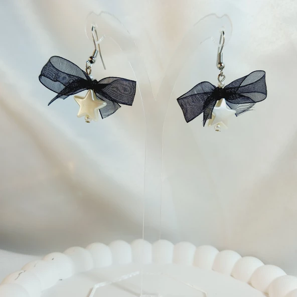 Siyah Fiyonk Kurdele Detaylı Aesthetic Soft Vibes Vintage Coquette Y2K Star Yıldız İnci Küpe - 2