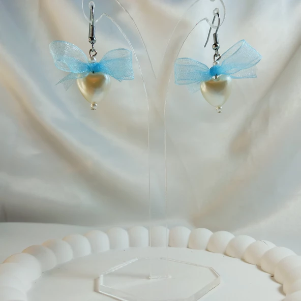 Mavi Fiyonk Kurdele Detaylı Aesthetic Soft Vibes Vintage Coquette Kalp İnci Küpe - 2