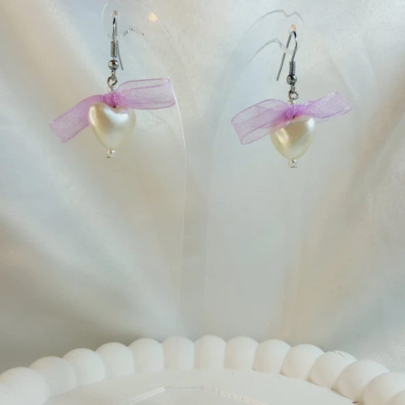 Mor Fiyonk Kurdele Detaylı Aesthetic Soft Vibes Vintage Coquette Kalp İnci Küpe - 4