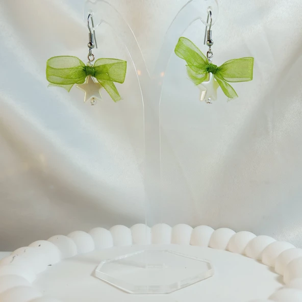 Yeşil Fiyonk Kurdele Detaylı Aesthetic Soft Vibes Vintage Coquette Y2K Star Yıldız İnci Küpe - 2