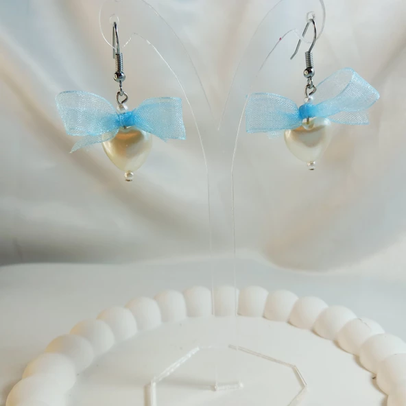 Mavi Fiyonk Kurdele Detaylı Aesthetic Soft Vibes Vintage Coquette Kalp İnci Küpe - 3