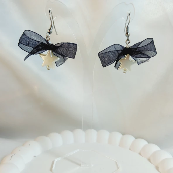 Siyah Fiyonk Kurdele Detaylı Aesthetic Soft Vibes Vintage Coquette Y2K Star Yıldız İnci Küpe - 3