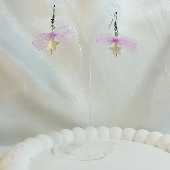 Mor Fiyonk Kurdele Detaylı Aesthetic Soft Vibes Vintage Coquette Y2K Star Yıldız İnci Küpe - 4