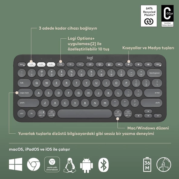 Logitech Pebble Keys 2 K380S 920-011859 Siyah Kablosuz Klavye Outlet - 4