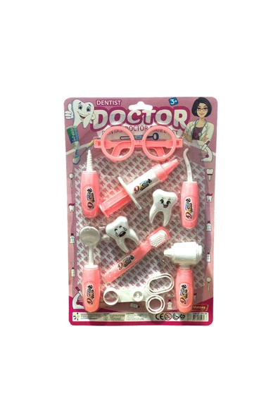 OYUNCAK STORE Kız Çocuk Oyuncak Diş Seti Dişçi Oyun Seti 10 Parça Gözlük Diş Fırçası Enjektör Makas 35x22 Cm